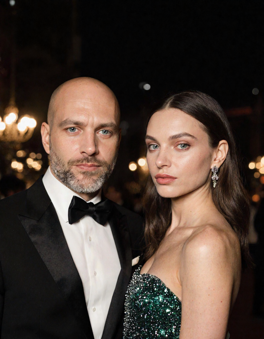 Esempio della Bond girl bruna accanto a Guido — primo piano di coppia
