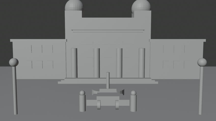 Render greybox 3D della piazza del casinò, vista frontale — modello grezzo senza texture
